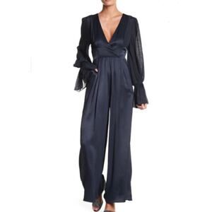 NWT Free People Not Your Baby Jumpsuit Size 8 Carbon Black V-Neck Wide Leg Boho